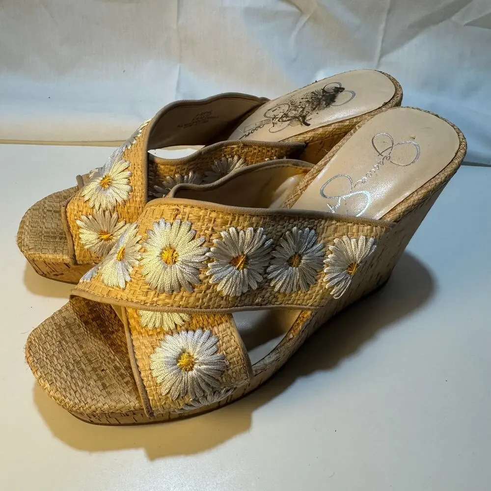 Womens Jessica Simpson Size 6.5 EU 37 Tan Cork Daisy Wedges Slip On JS-Seena A2